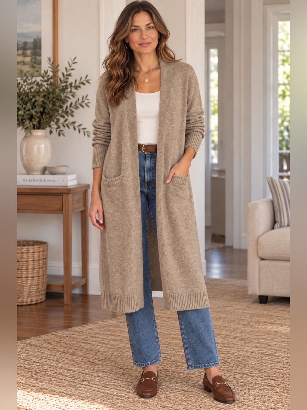 Longline Oatmeal Duster Cardigan Open Front Pockets Cozy Lounge Sweater